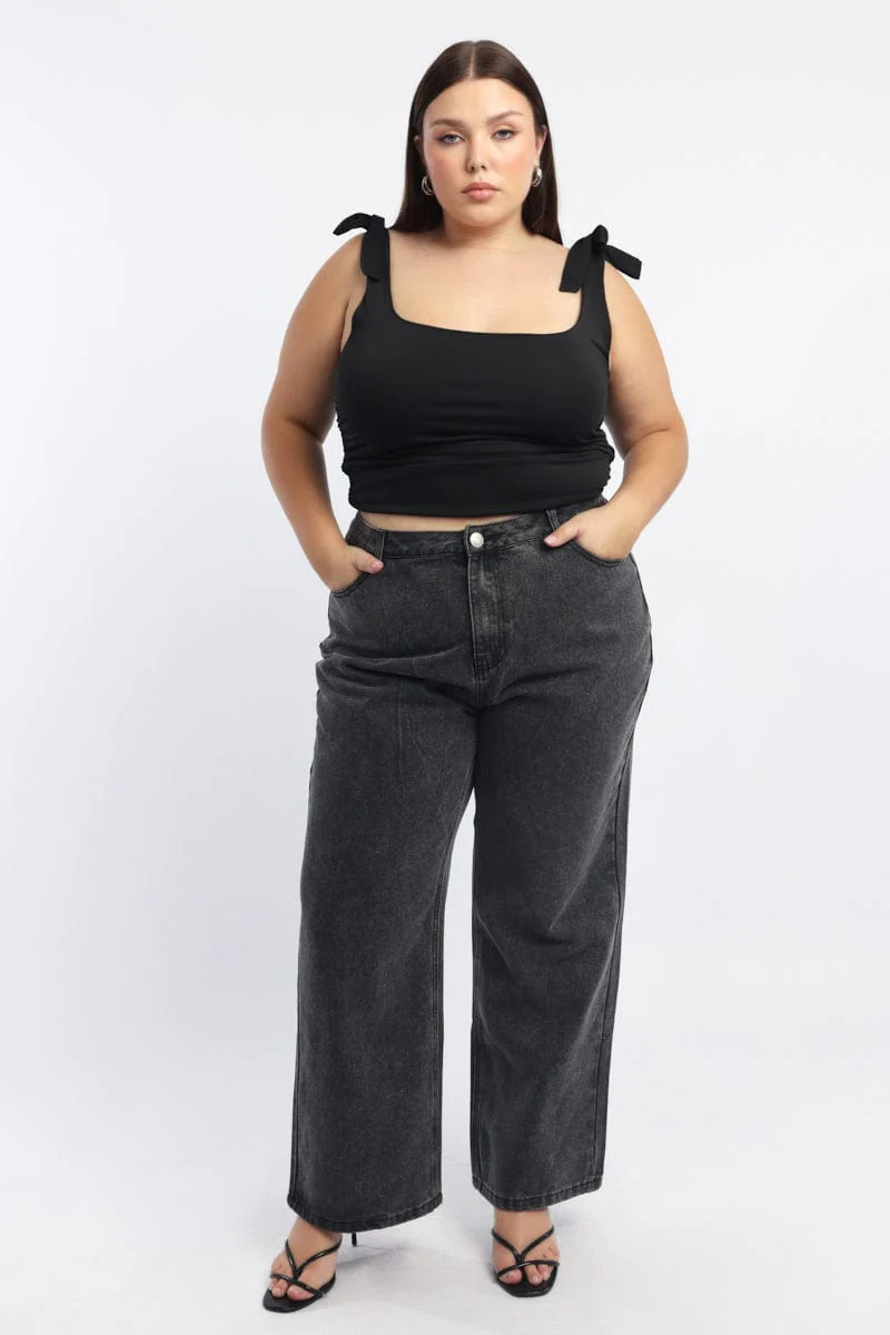 Black Tank Top Tie Shoulder Side Ruched - Image 2