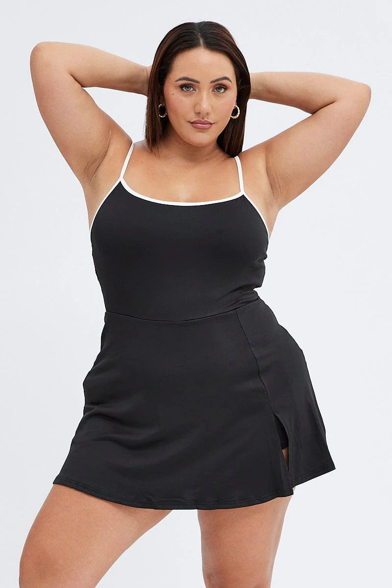 Black Tennis Dress With Inbuilt Shorts Jersey Contrast - Image 3