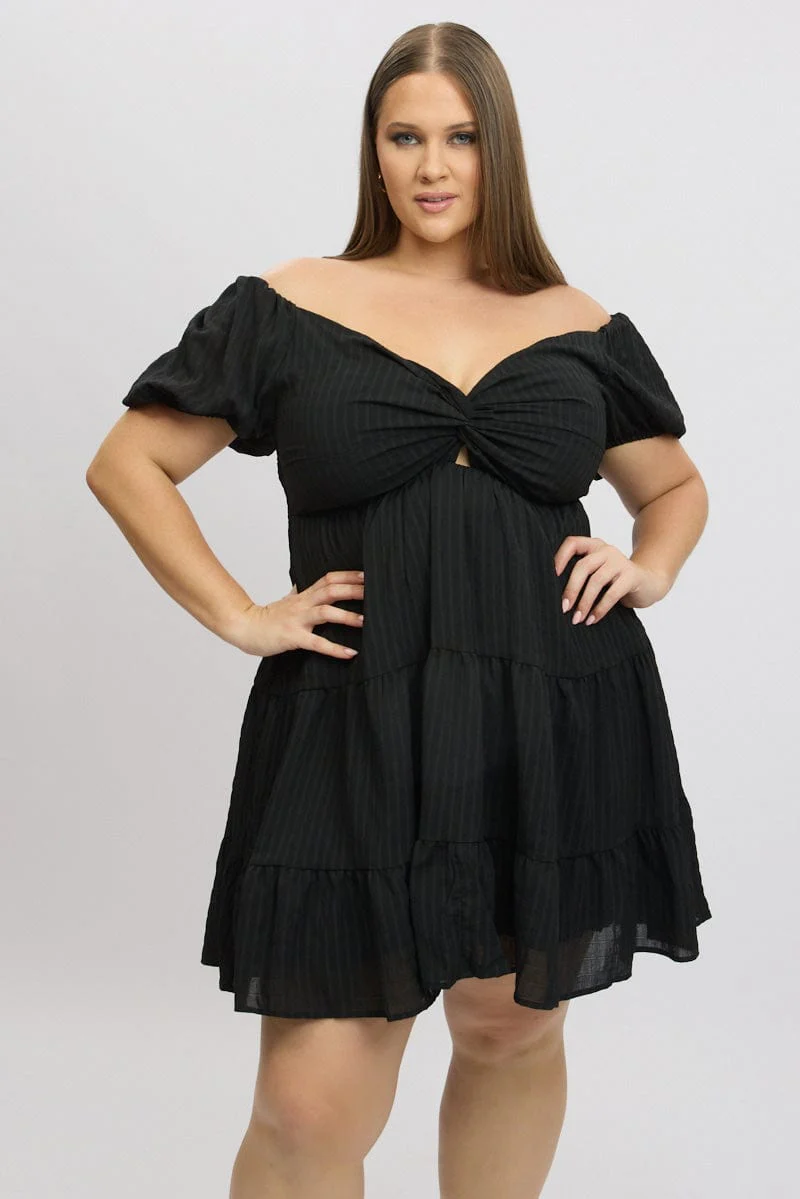 Black Textured Chiffon Twist Front Puff Sleeve Minidress - Image 3