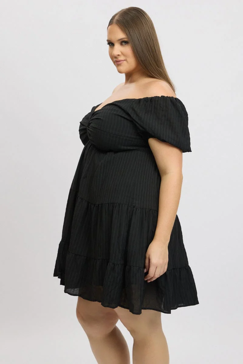 Black Textured Chiffon Twist Front Puff Sleeve Minidress - Image 4