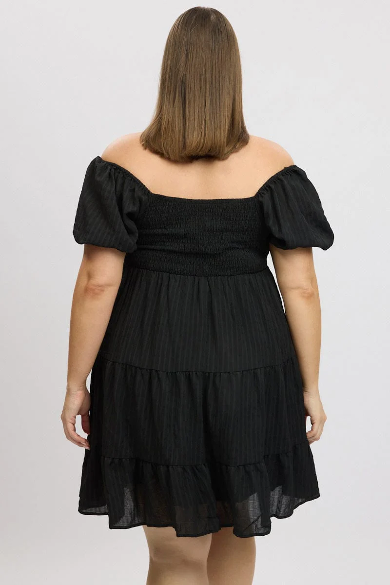 Black Textured Chiffon Twist Front Puff Sleeve Minidress - Image 5