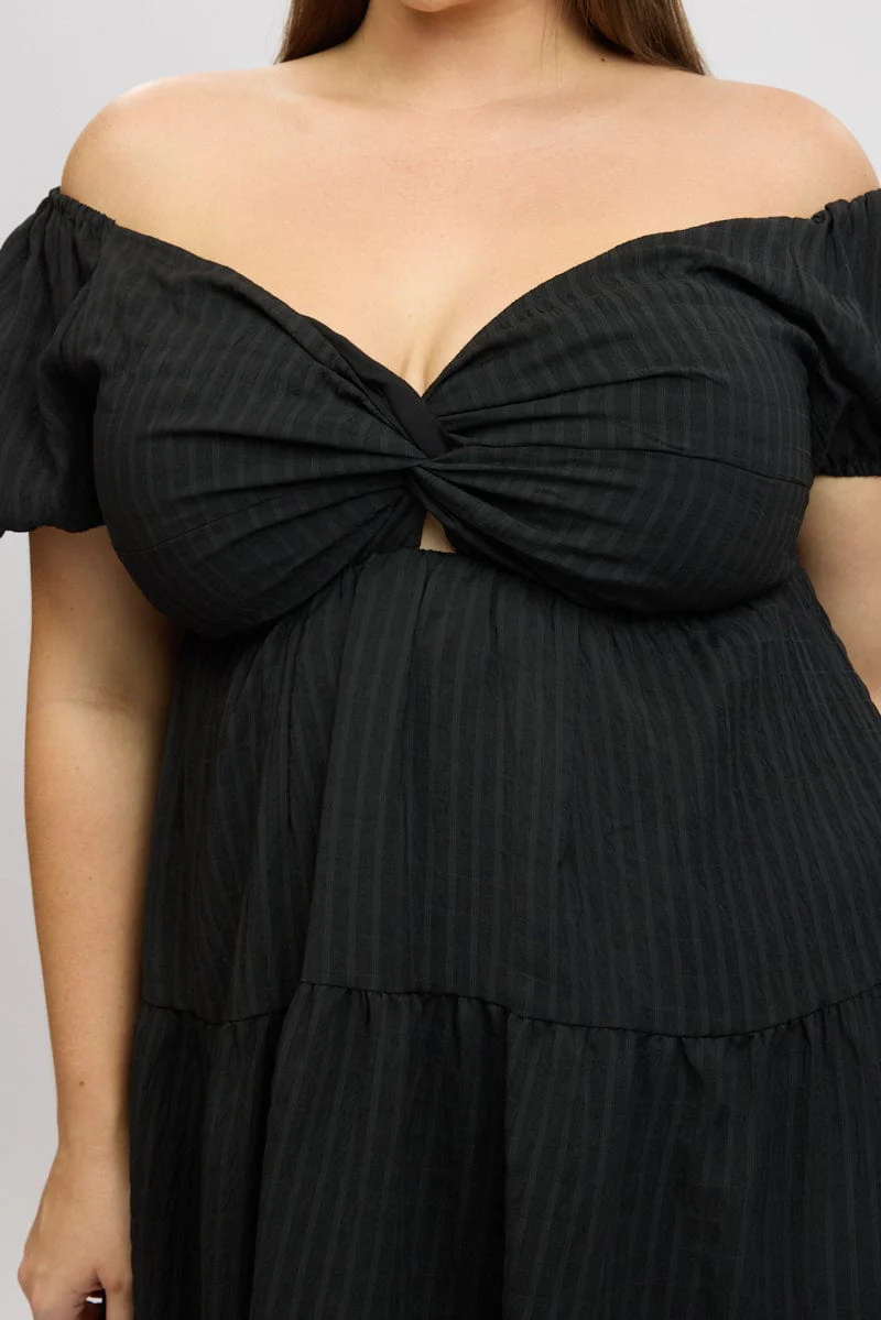 Black Textured Chiffon Twist Front Puff Sleeve Minidress - Image 6