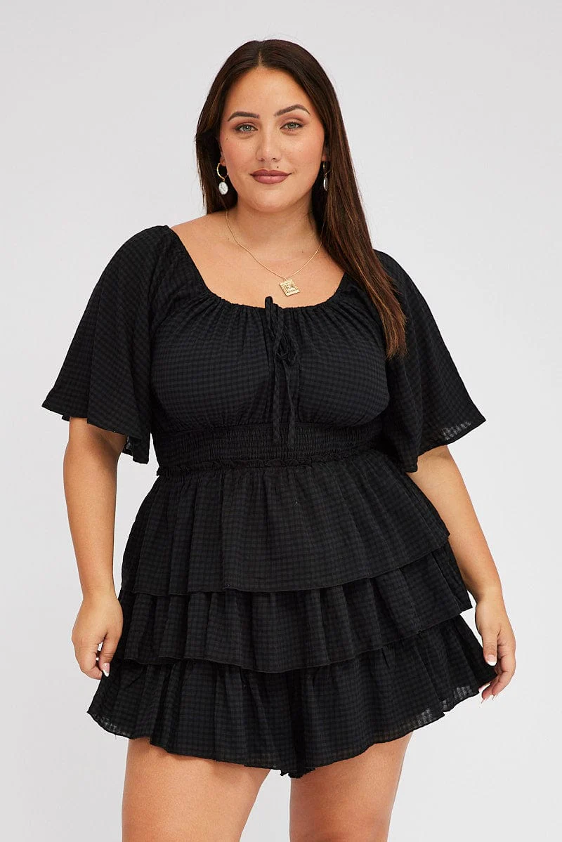 Black Textured Frill Playsuit Flare Sleeve - Image 3