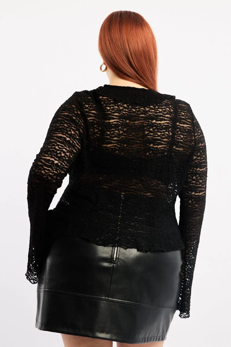 Black Textured Lace Knit Tie Front Bolero Cardigan - Image 4