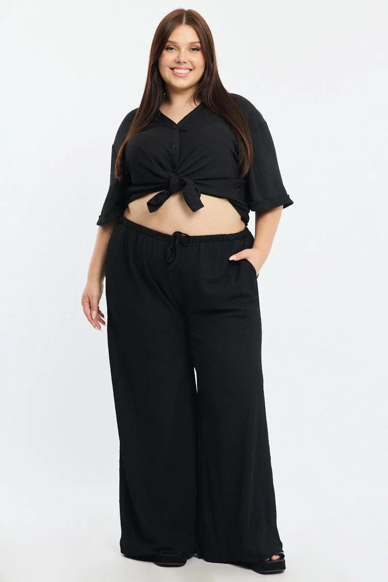 Black Textured Pants Elastic Waist