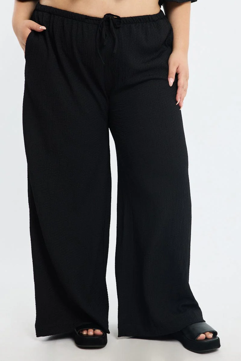 Black Textured Pants Elastic Waist - Image 2