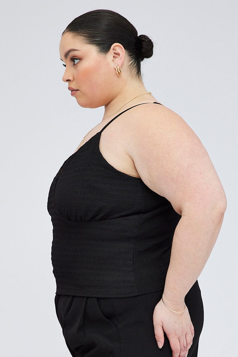 Black Textured Singlet Top V-neck - Image 4