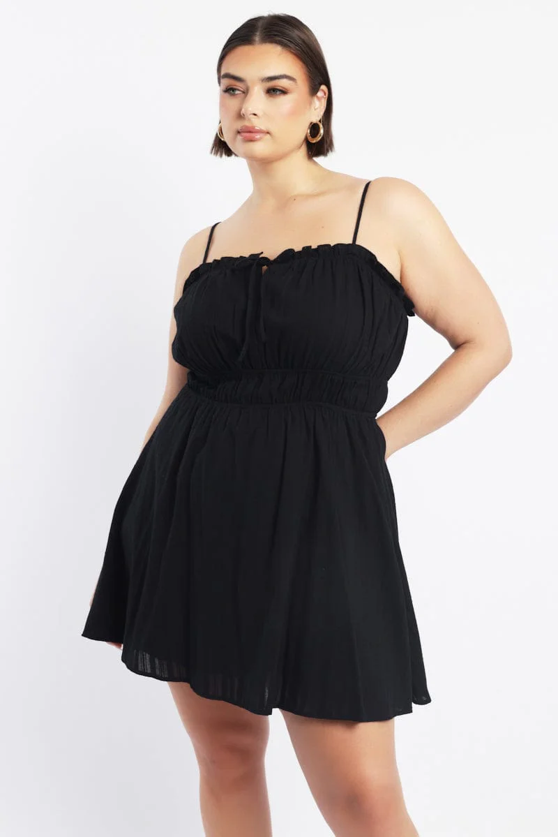 Black Textured Tie Shoestring Strap Minidress