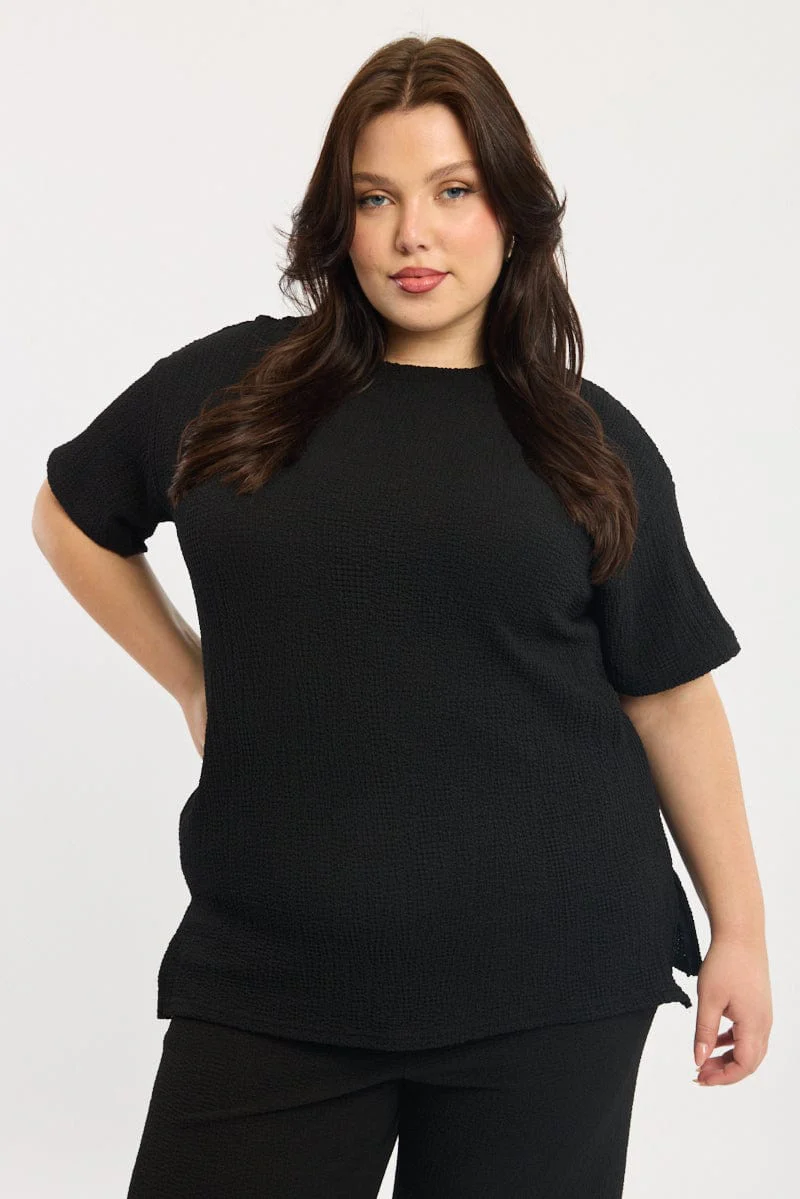 Black Textured Top Short Sleeve Crew Neck - Image 2