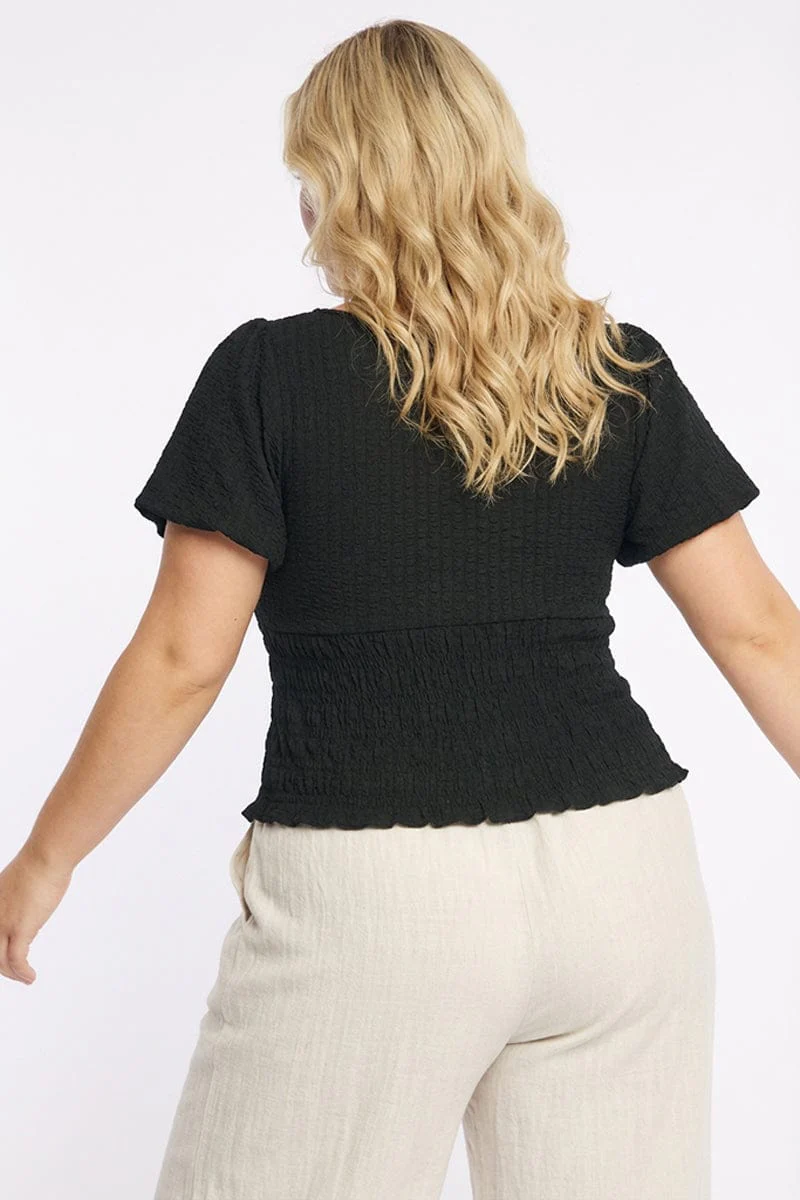 Black Textured Top Short Sleeve Shirred - Image 4
