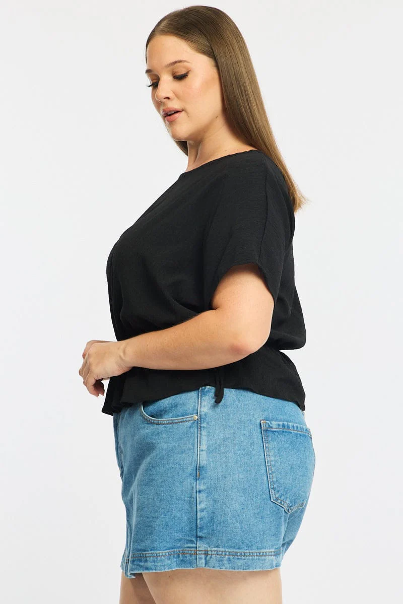 Black Textured Top Short Sleeve Waist Tie - Image 3