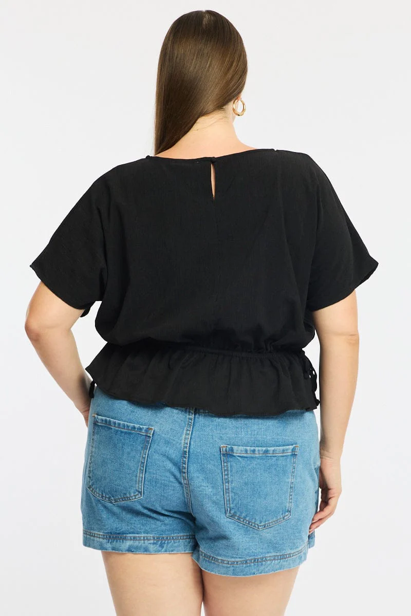 Black Textured Top Short Sleeve Waist Tie - Image 4