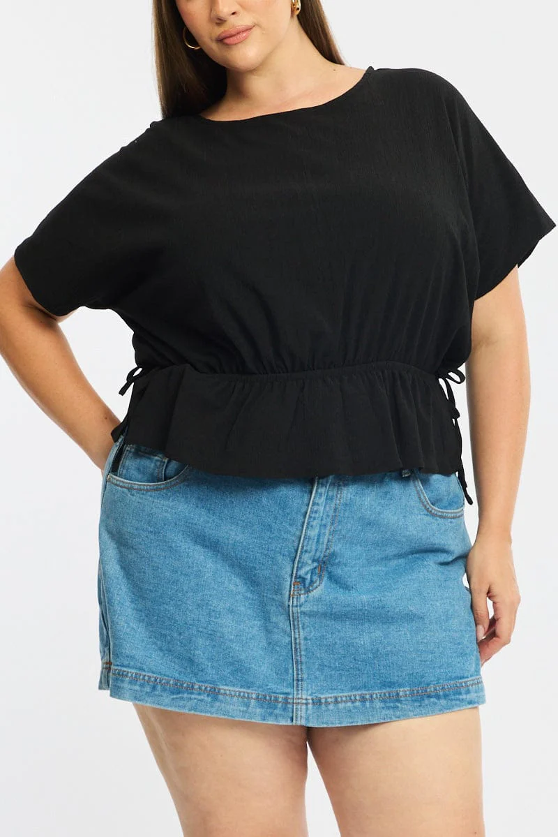 Black Textured Top Short Sleeve Waist Tie - Image 5