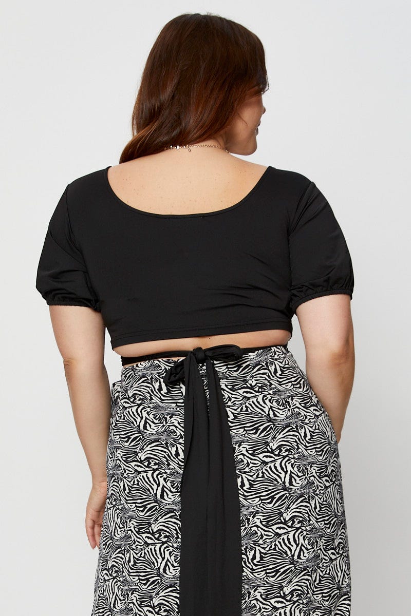 Black Tie-back Top Gathered Bust Short Sleeve - Image 5