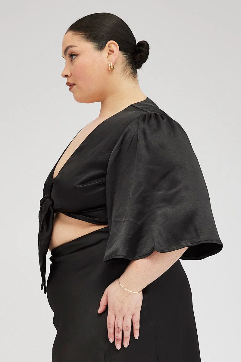 Black Tie Front Bolero Satin Flare Sleeve - Image 4