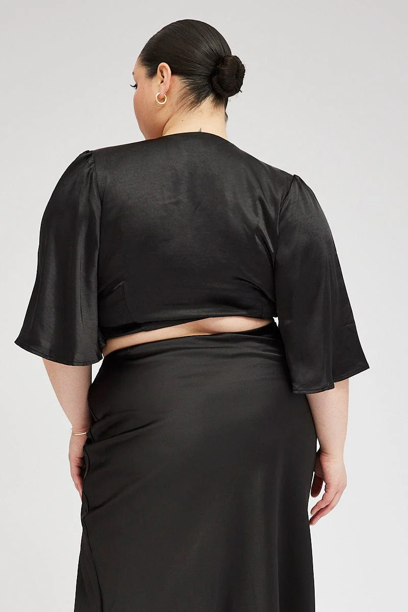 Black Tie Front Bolero Satin Flare Sleeve - Image 5