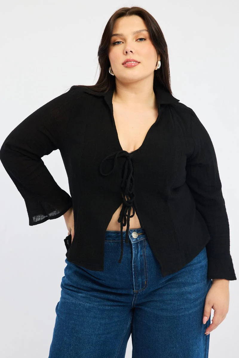 Black Tie Front Long Long Sleeve Textured - Image 2