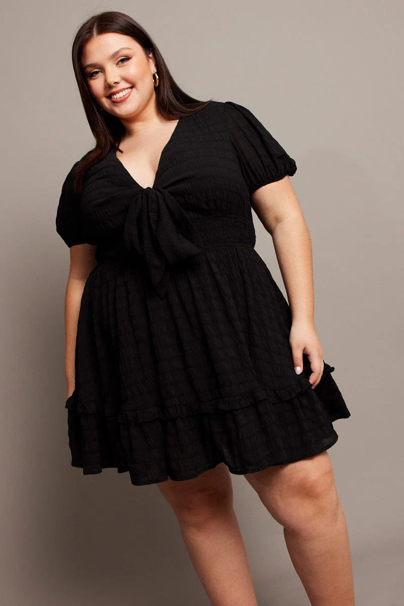 Black Tie Front Textured Frill Hem Minidress - Image 3