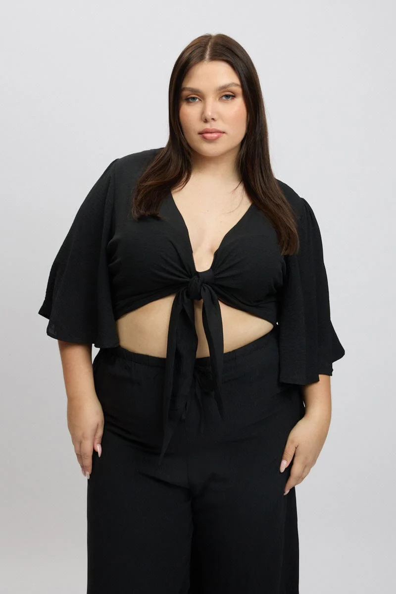 Black Tie Front Textured Georgette Bolero Top - Image 3
