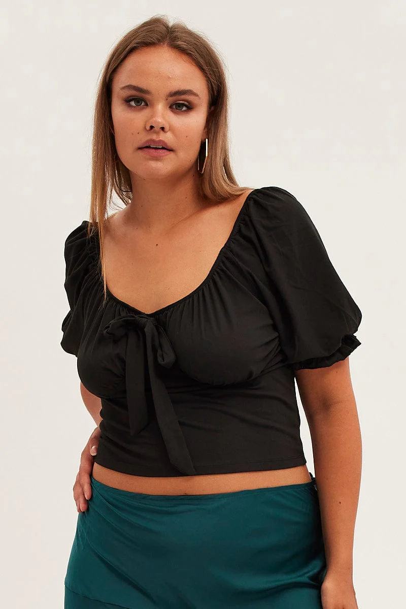 Black Tie Top Short Sleeve Puff Sleeve Jersey - Image 3