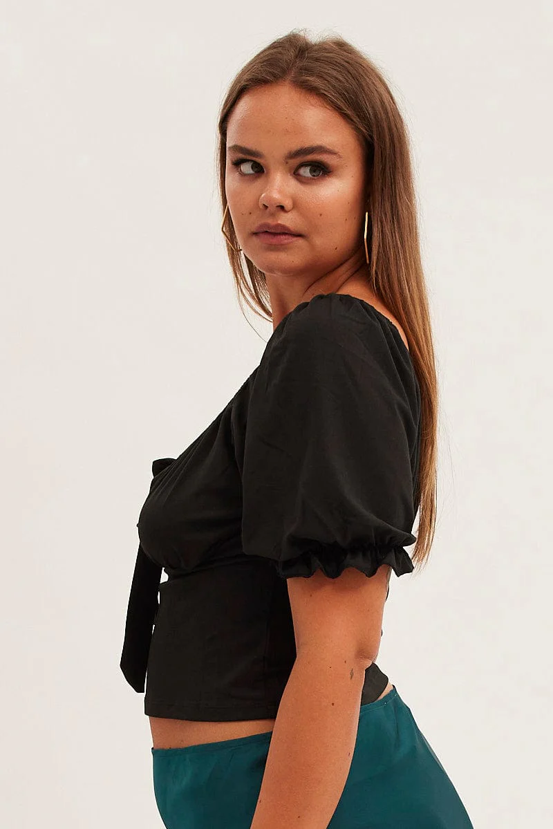 Black Tie Top Short Sleeve Puff Sleeve Jersey - Image 4