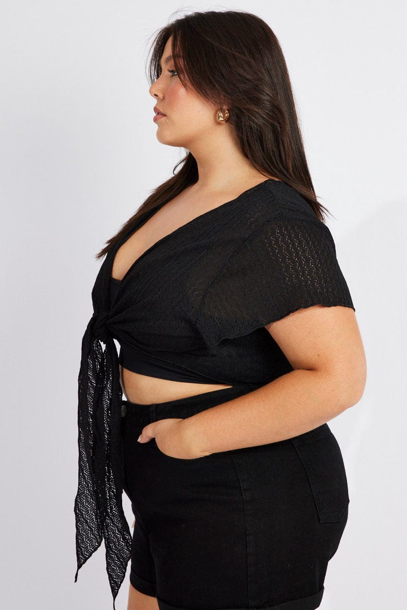 Black Tie Up Cardigan Ruffle Sleeve - Image 4
