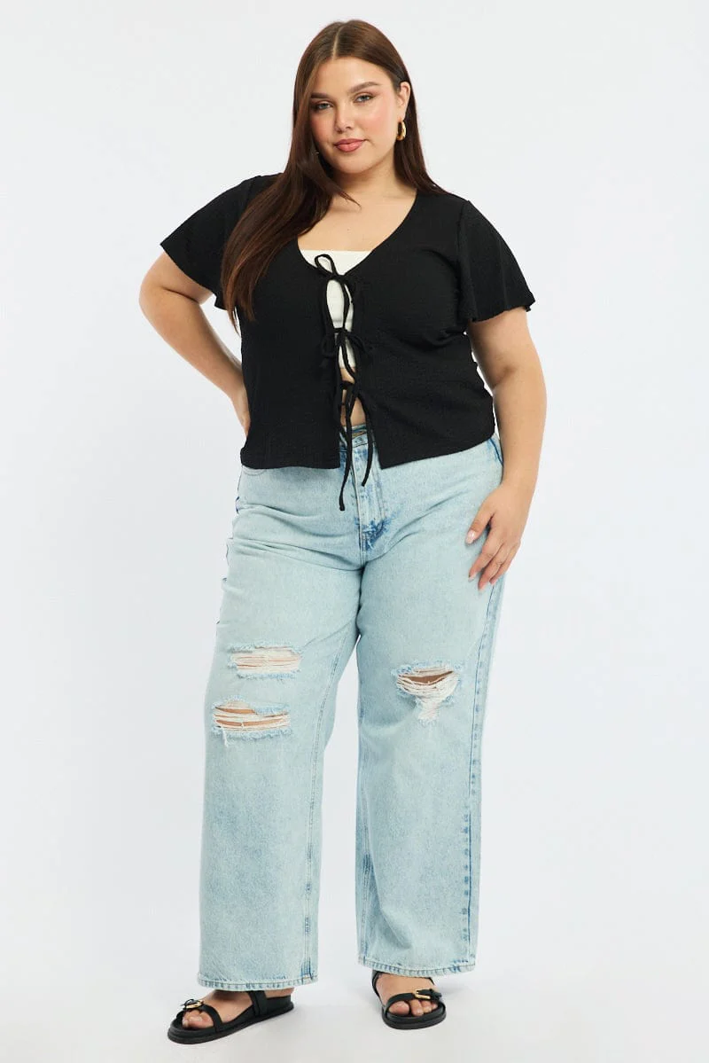 Black Tie Up Top Short Sleeve - Image 2