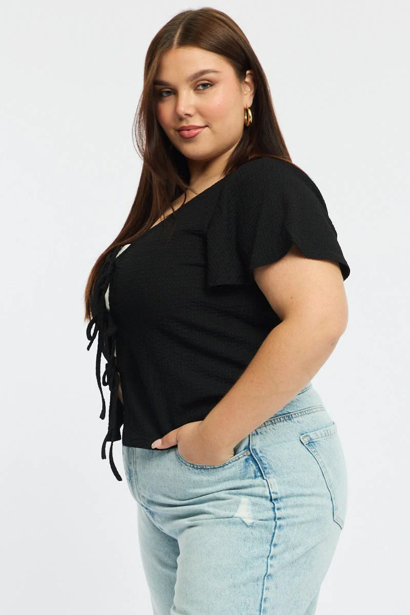 Black Tie Up Top Short Sleeve - Image 3