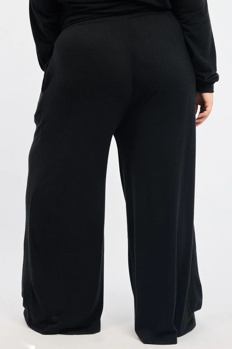 Black Tie Waist Brushed Jersey Wide Leg Lounge Pants - Image 4