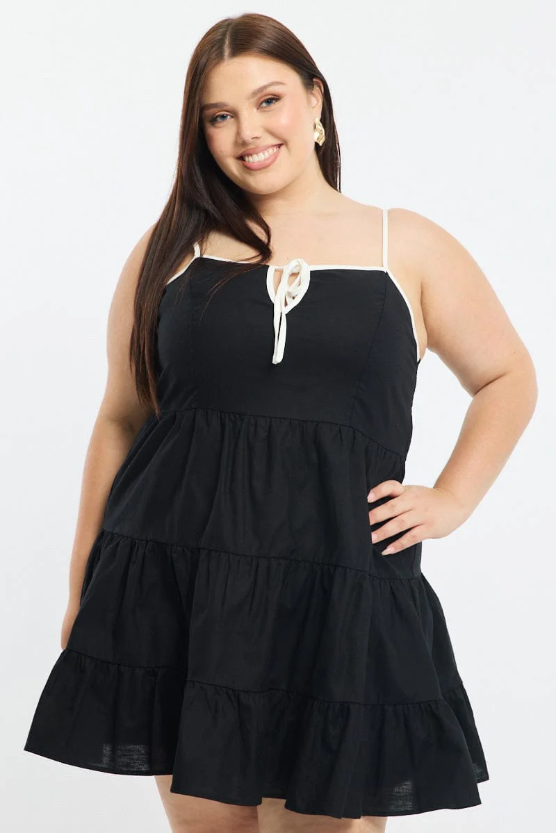 Black Tiered Mini Dress Sleeveless Contrast Ribbon