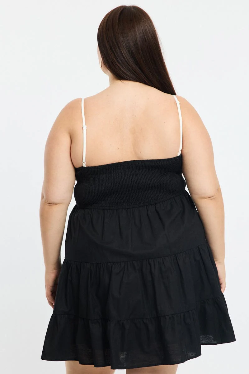 Black Tiered Mini Dress Sleeveless Contrast Ribbon - Image 4