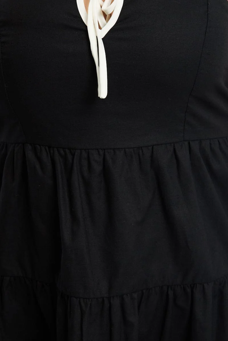Black Tiered Mini Dress Sleeveless Contrast Ribbon - Image 5