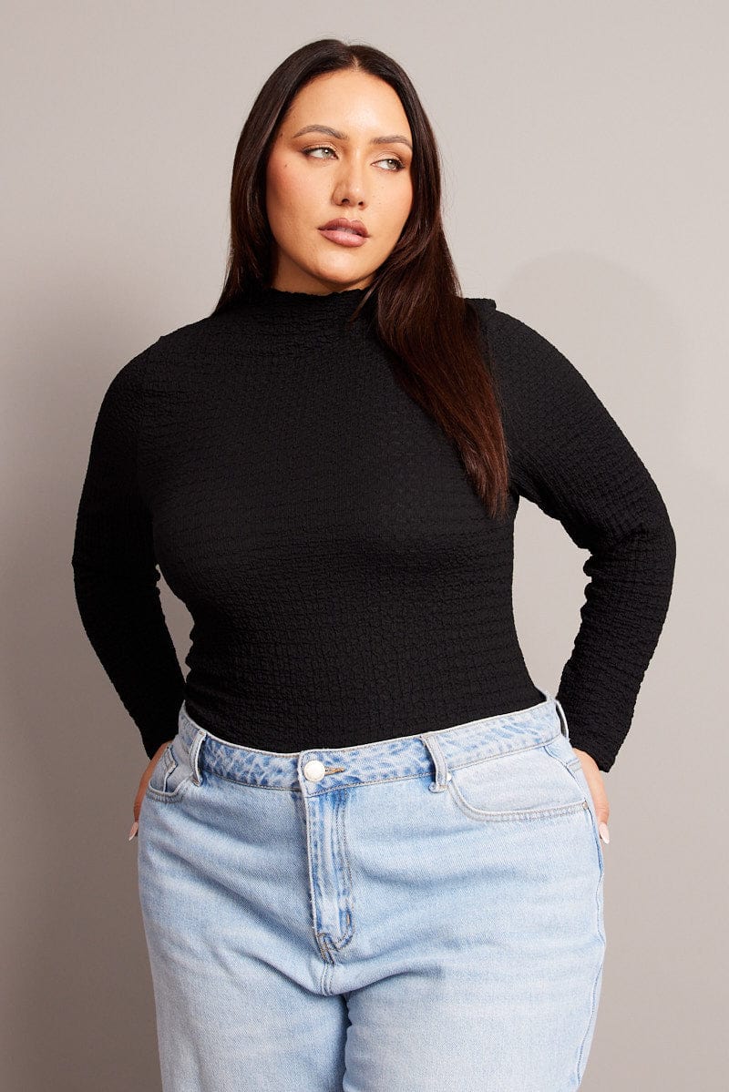 Black Top Long Sleeve High Neck Textured Jersey - Image 2