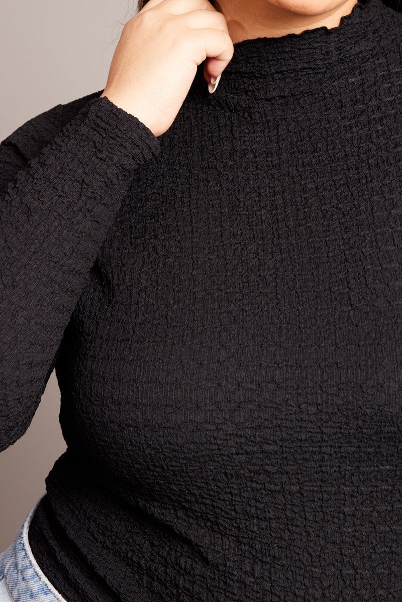 Black Top Long Sleeve High Neck Textured Jersey - Image 6