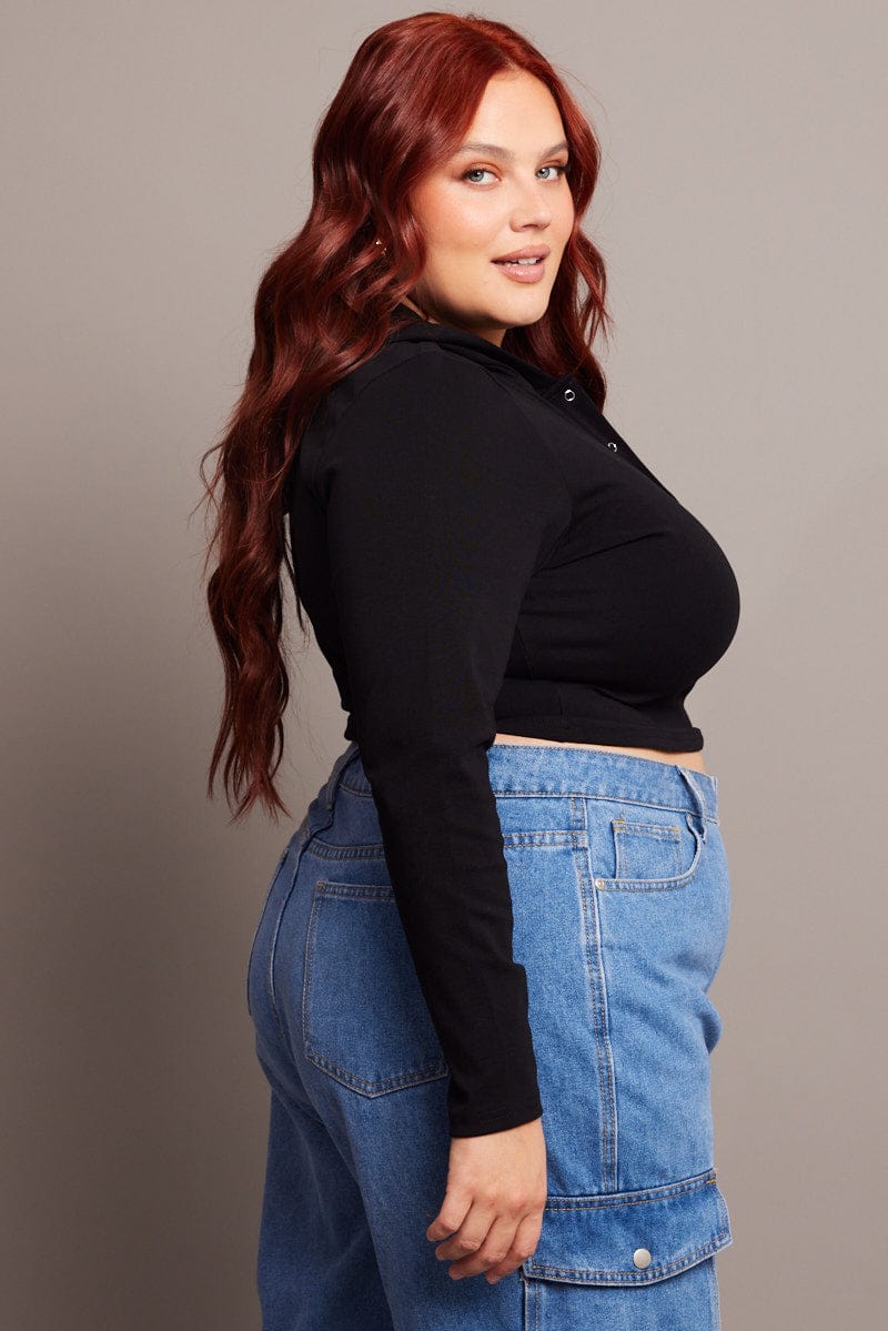 Black Top Long Sleeve Hooded Cropped 1/2 Placket - Image 4