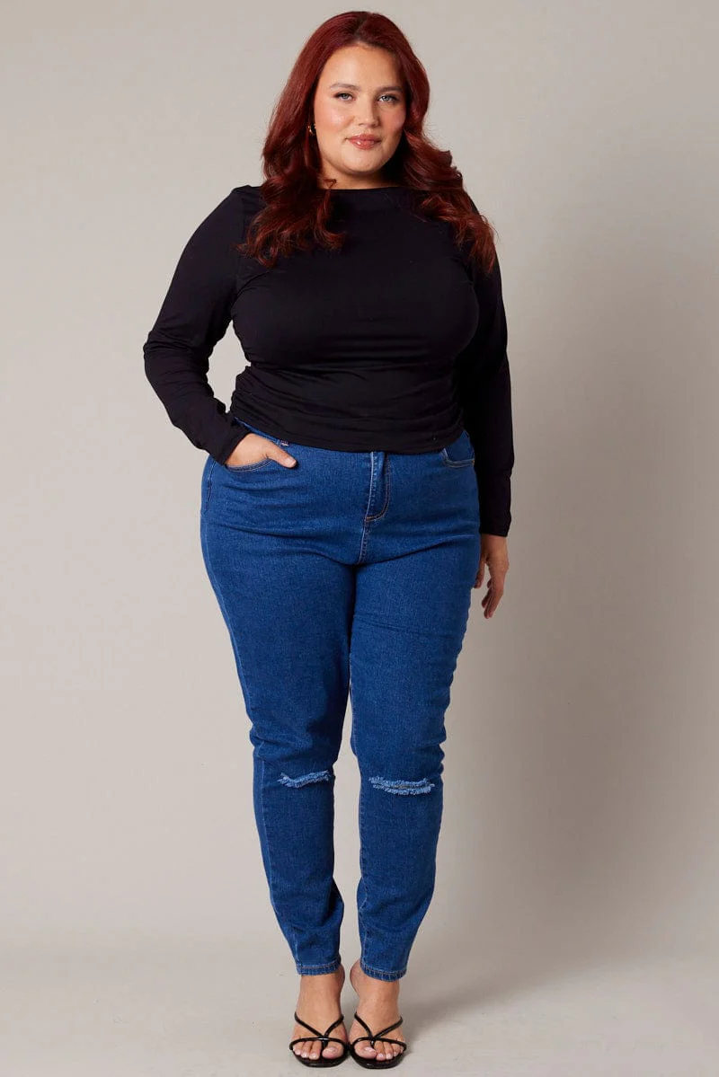 Black Top Long Sleeve Side Ruched Supersoft - Image 2
