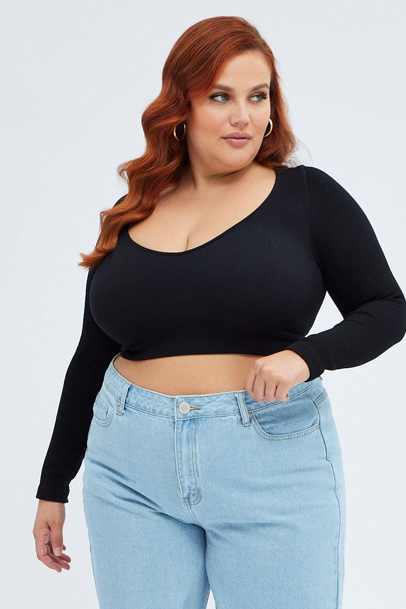 Black Top Long Sleeve V-neck Seamless - Image 3