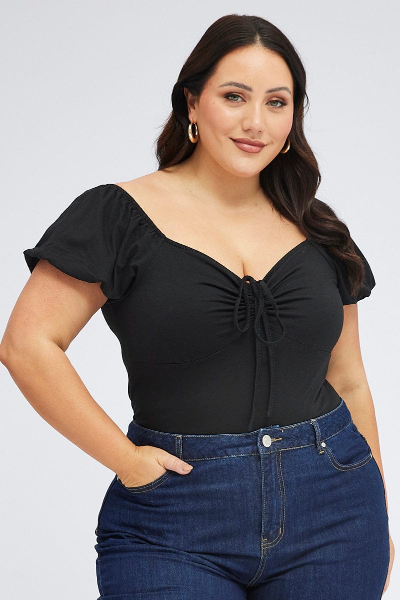 Black Top Off The Shoulder Puff Sleeve Tie Up