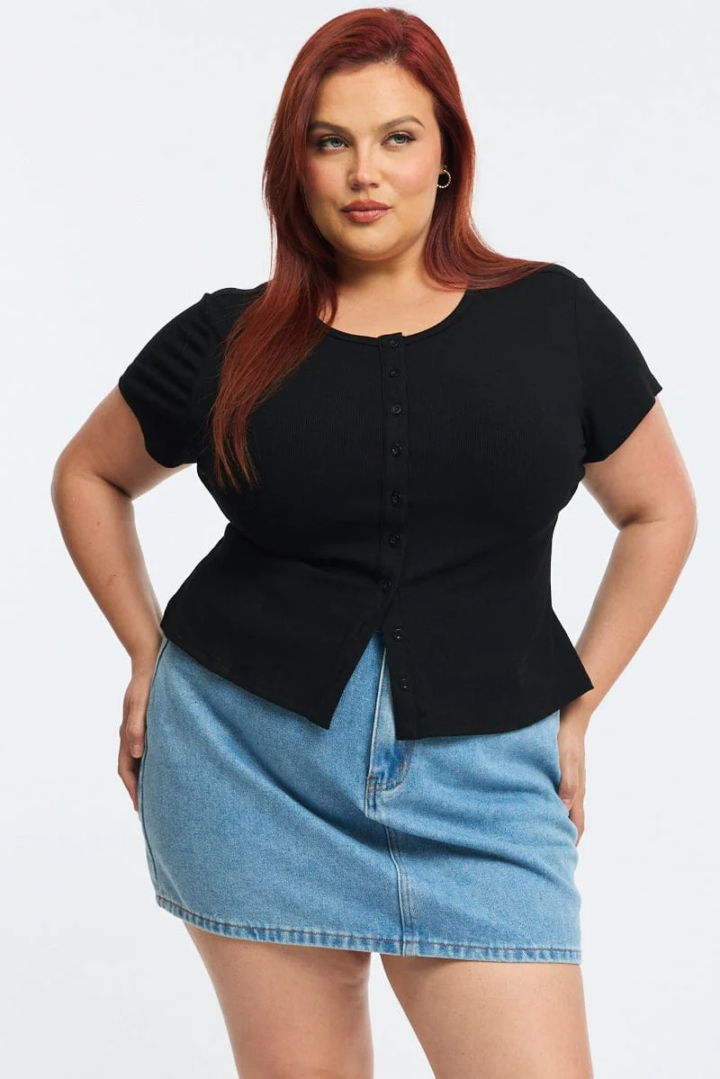 Black Top Short Sleeve Button Front Rib