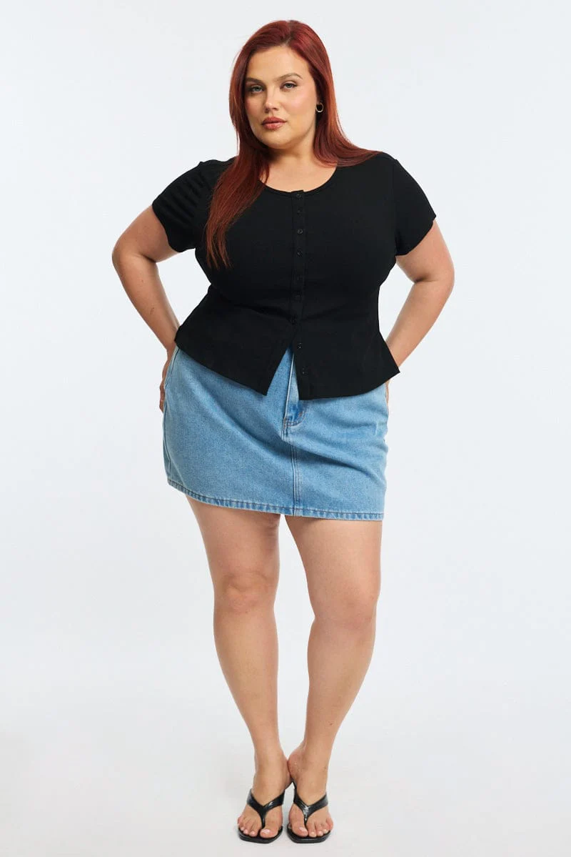Black Top Short Sleeve Button Front Rib - Image 2