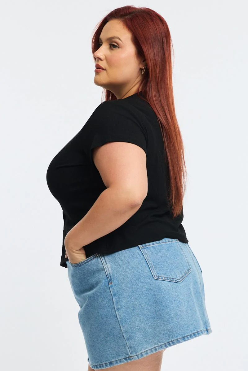 Black Top Short Sleeve Button Front Rib - Image 3