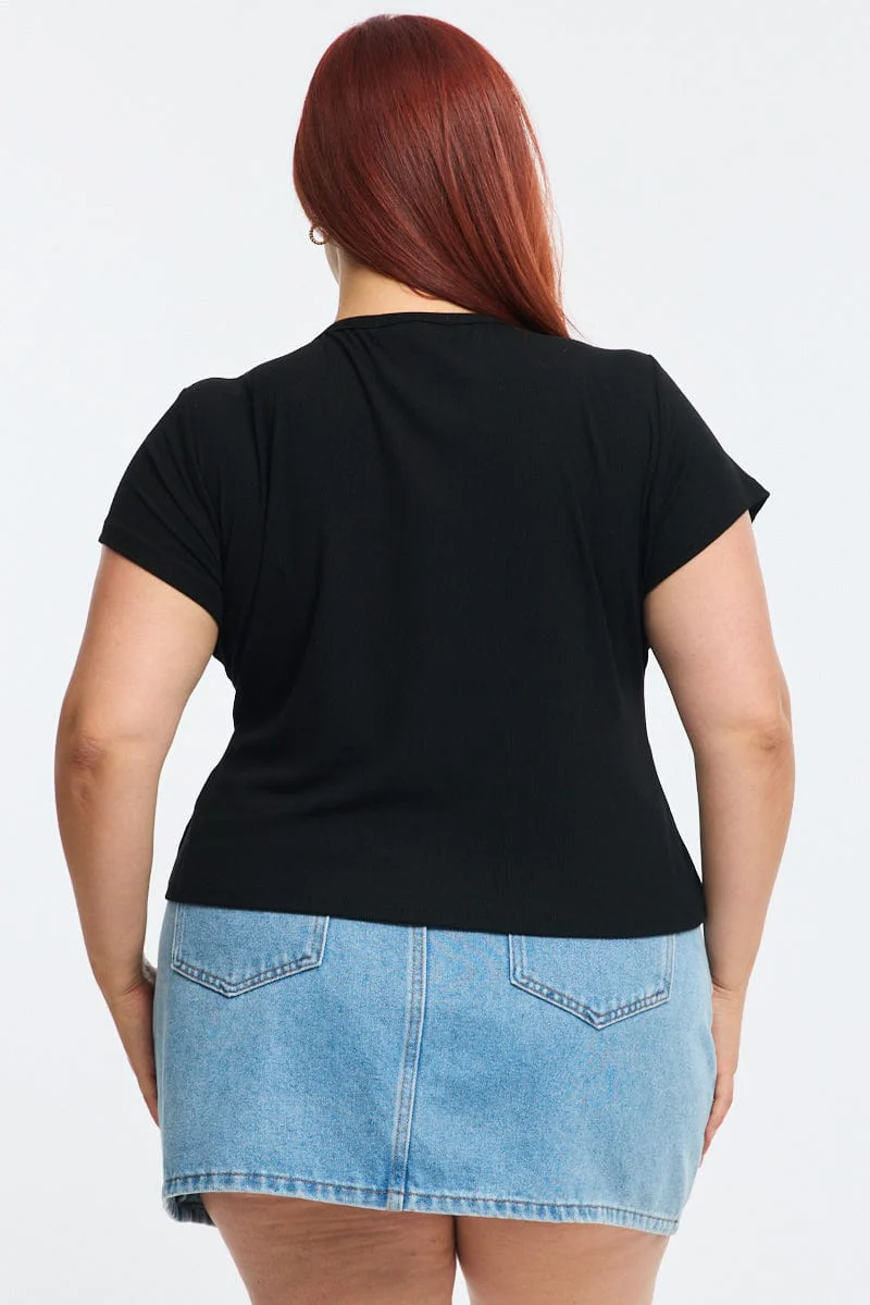 Black Top Short Sleeve Button Front Rib - Image 4