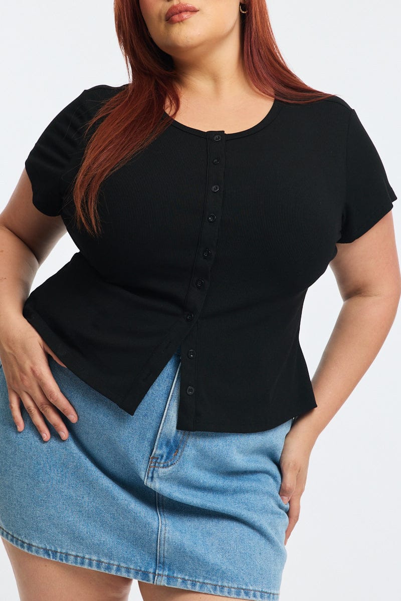 Black Top Short Sleeve Button Front Rib - Image 5