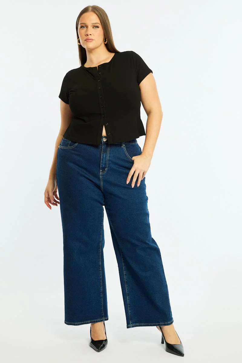 Black Top Short Sleeve Button Front Rib - Image 2