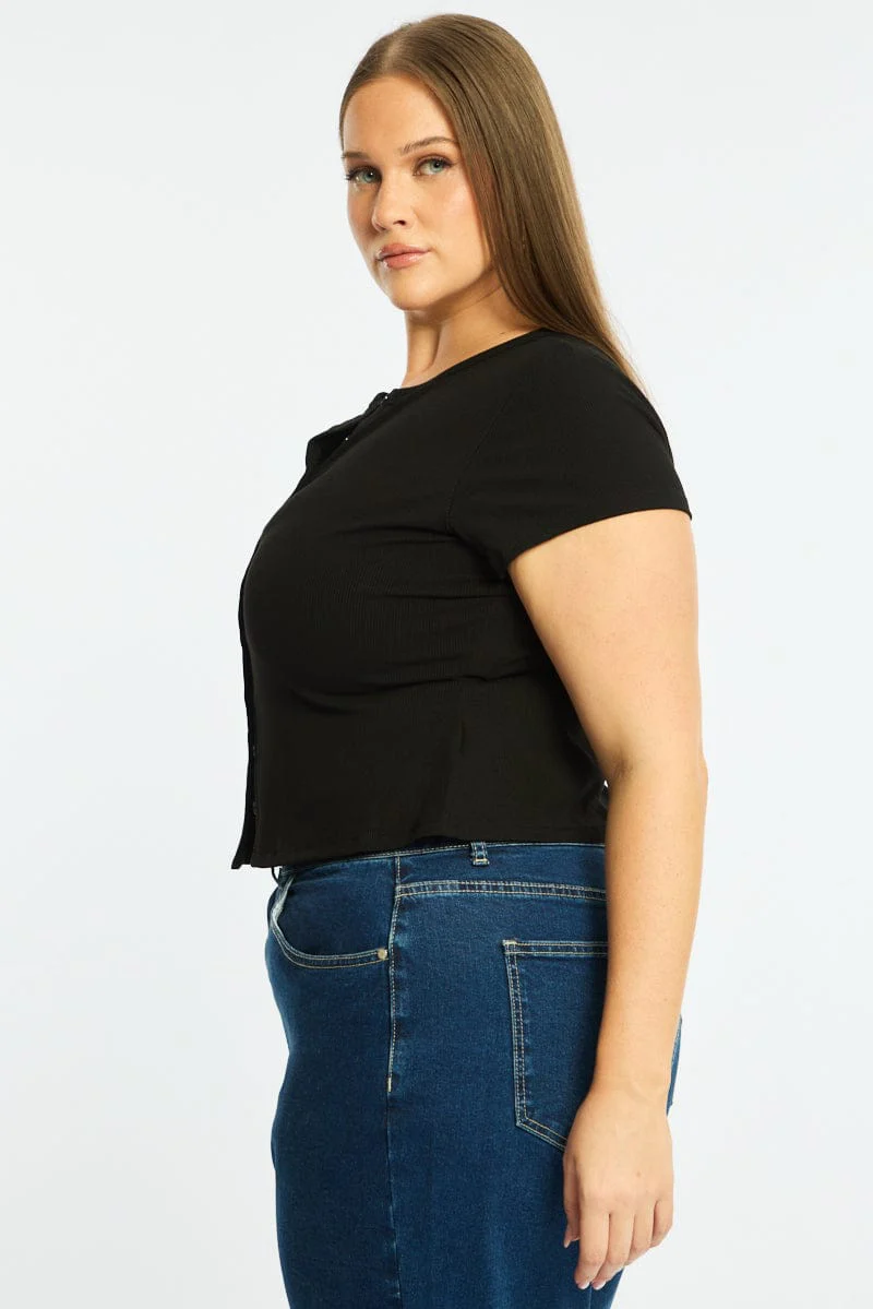 Black Top Short Sleeve Button Front Rib - Image 3