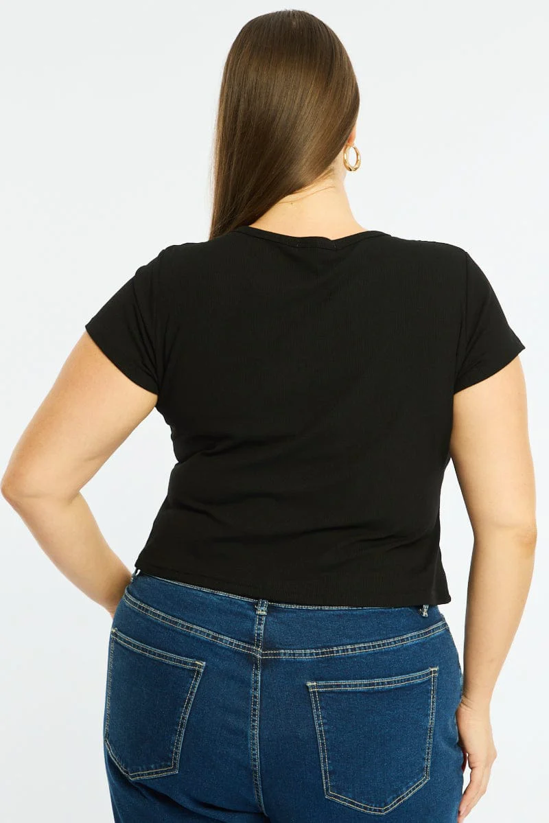 Black Top Short Sleeve Button Front Rib - Image 4