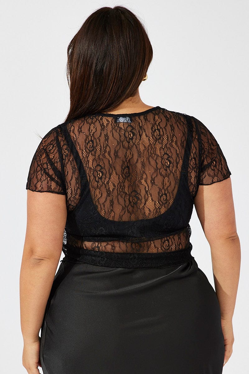 Black Top Short Sleeve Crew Neck Lace - Image 5