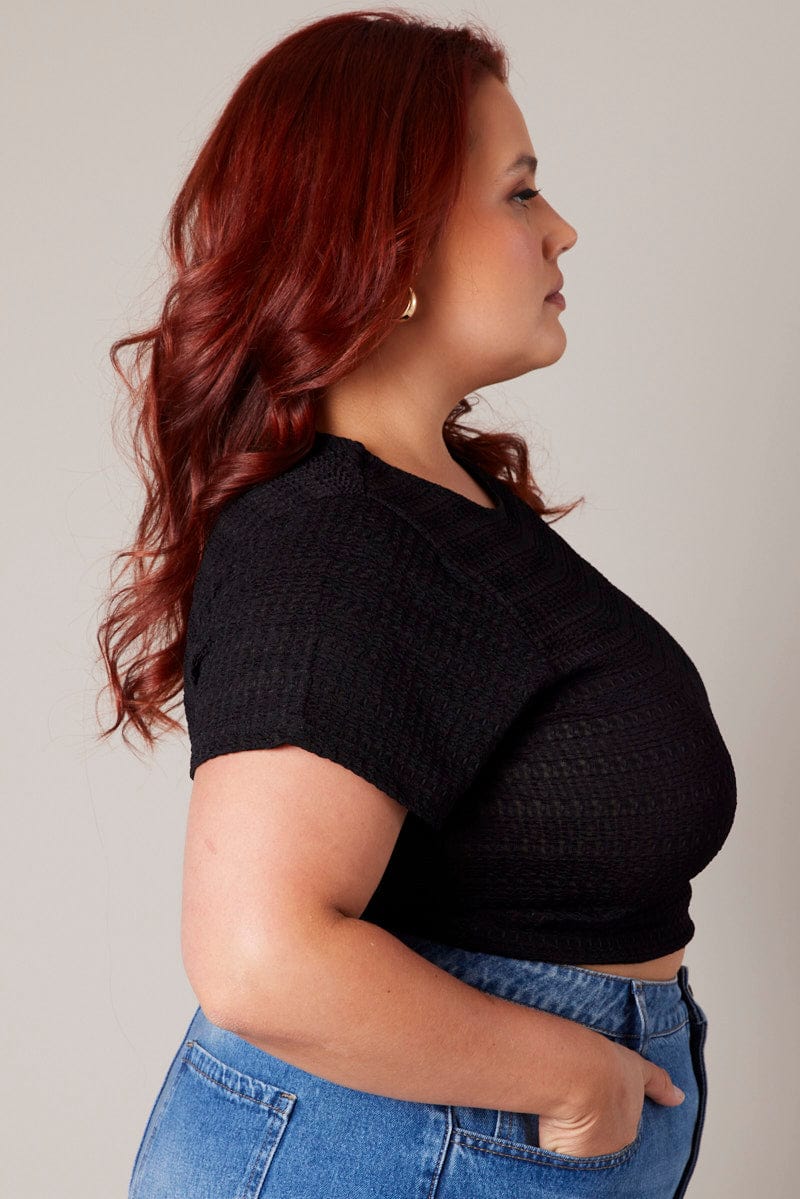 Black Top Short Sleeve Crew Neck Textured - Image 4