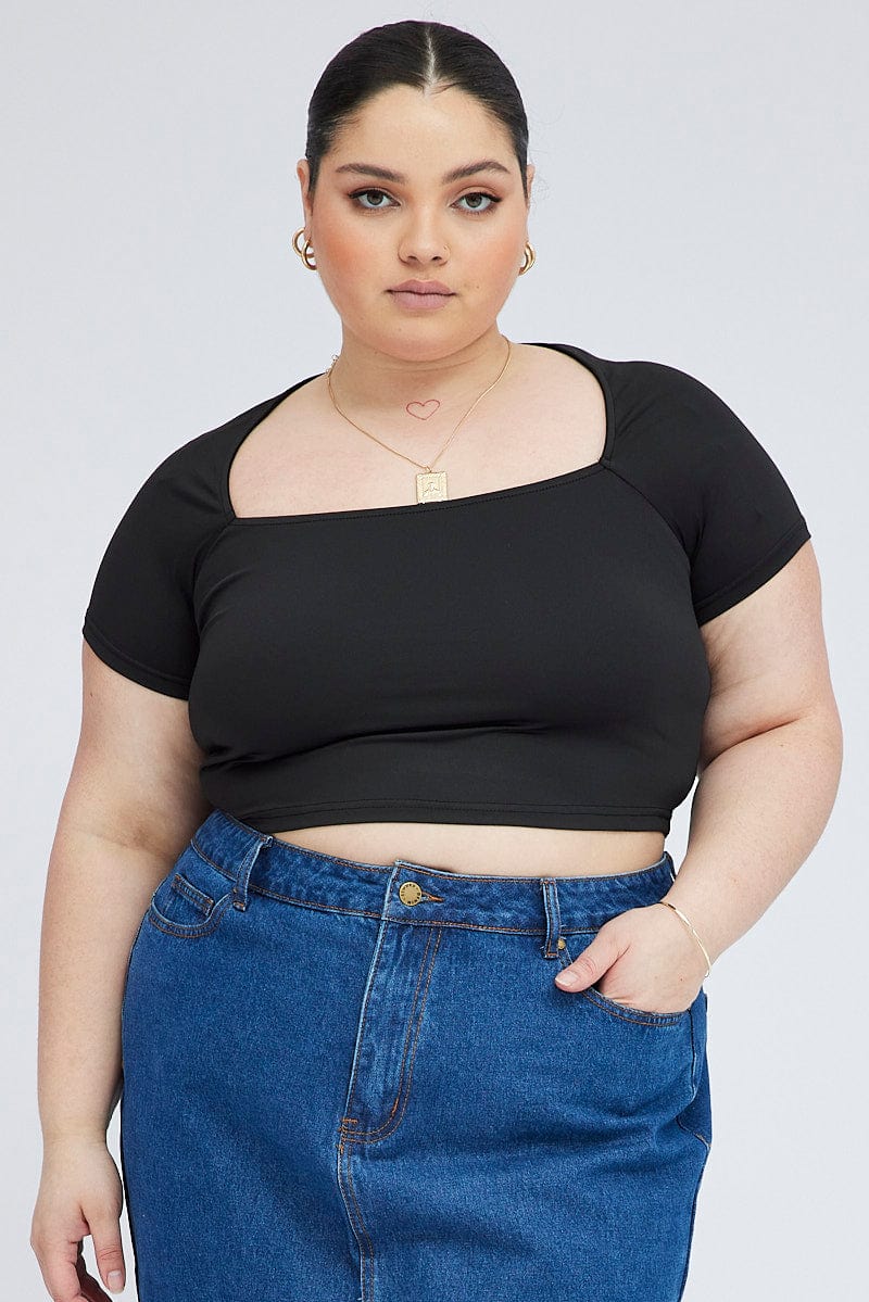 Black Top Short Sleeve Square Neck Cropped - Image 3