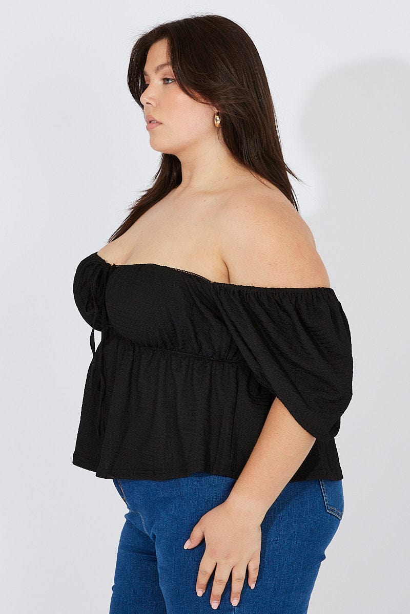 Black Top Short Sleeve Sweetheart Neckline Textured - Image 4